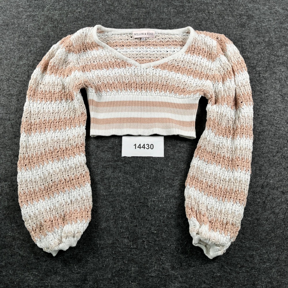 Willow & Wind Crop Sweater Womens M Cream Striped Cotton Puff Sleeve Pullover